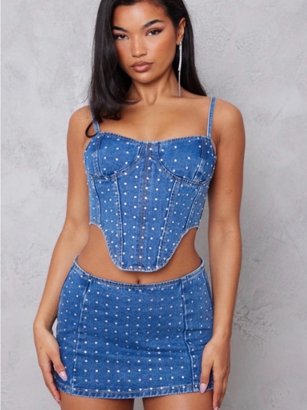 PrettyLittleThing Blue Denim Diamond-Embellished Corset Crop Top and Mini Skirt